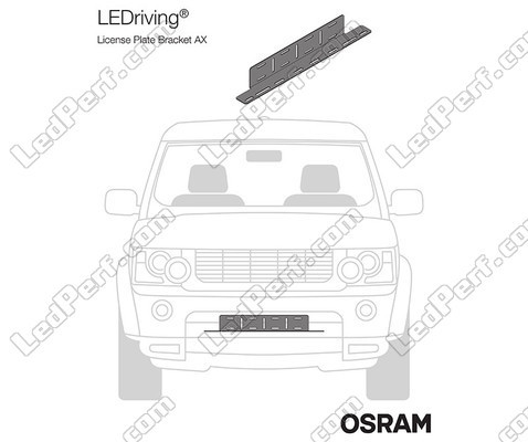 Representatie van de steun Osram LEDriving® LICENSE PLATE BRACKET AX op een voertuig gemonteerd