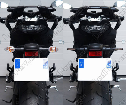 Vergelijking voor en na het overstappen op sequentiële LED knipperlichten van Aprilia RS 125 Tuono